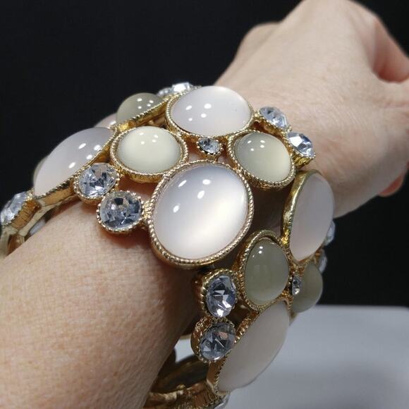 Rhinestone Stretch Bracelet, Wide Frosty Cream, 8 Inches, Gold Tone - Picture 4 of 10